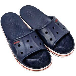 🔵 Crocs Navy Blue Slides – Iconic Comfort, Red Logo & Jibbitz-Ready Style W9/M7